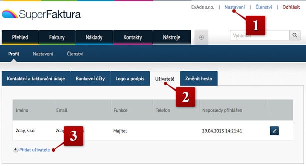 Přidání spolupracovníků Multiuser - nový uživatel