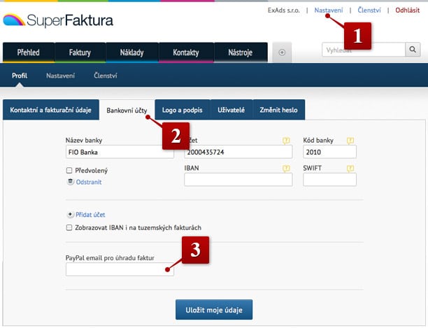 Zobrazení PayPal tlačítka ve fakturách Nastavení paypal tlačítka