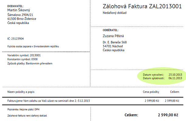 Zálohová faktura v SuperFaktuře Zálohová faktura vzor