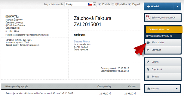 Úhrada zálohové faktury v SuperFaktuře Úhrada zálohové faktury