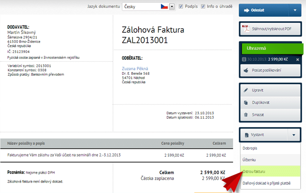 Vystavení ostré faktury v SuperFaktuře Vystavení ostré faktury