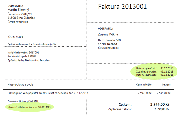 Ostrá faktura za účast na semináři Ostrá faktura