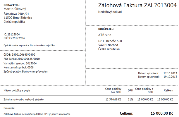 Zálohová faktura Vzor zálohová faktura