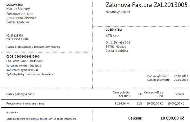 Vzor faktury Vzor zálohové faktury