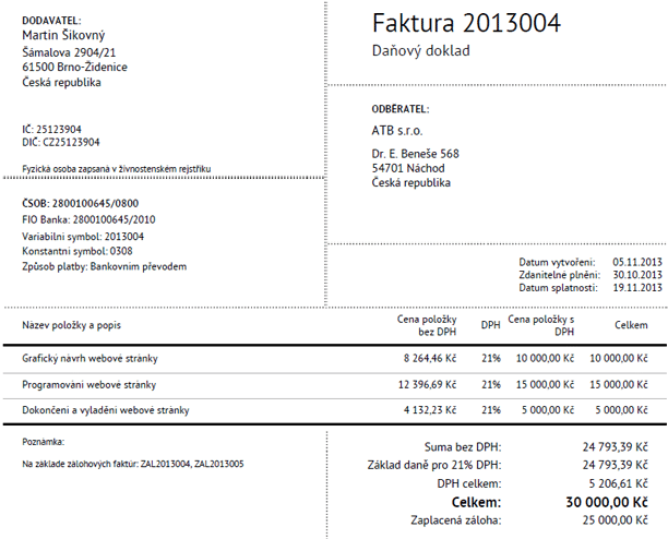 Vyúčtovací faktura Vzor vyúčtovací faktury