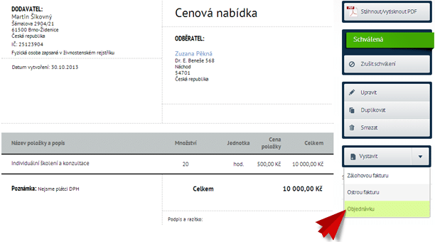 Hotová objednávka z cenové nabídky Vzor objednávky