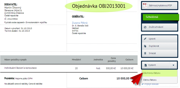 Zálohová faktura z objednávky Zálohová faktura z objednávky