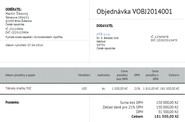 Objednávka pro dodavatele Vzor objednávky pro dodavatele