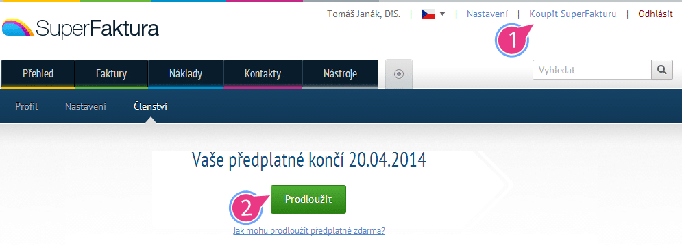 Prodloužení předplatného v SuperFaktuře nastavení předplatného v SuperFaktuře