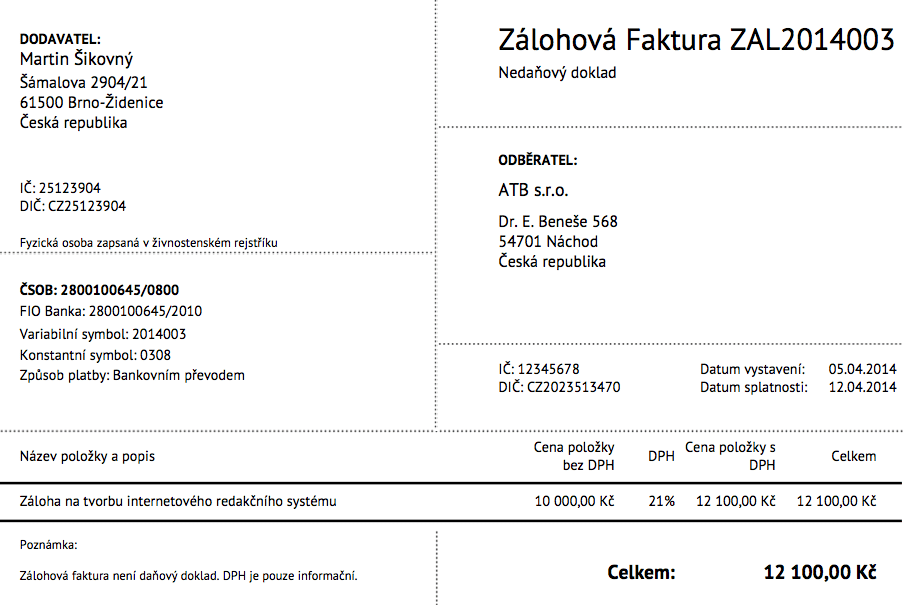 Zálohová faktura - Vzor Vzor zálohové faktury v SuperFaktura.cz