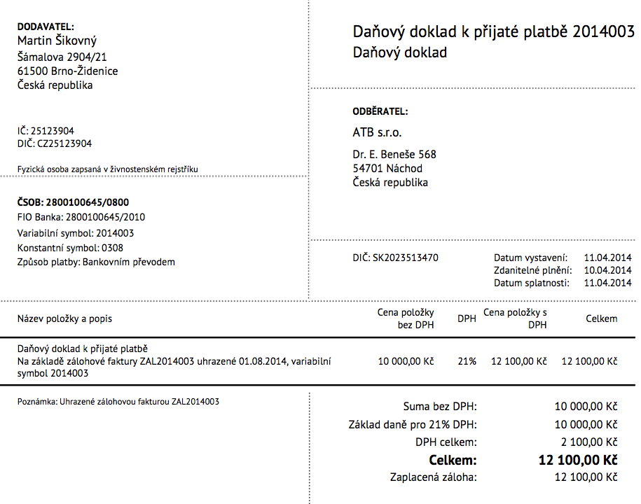 Daňový doklad v SuperFaktuře vzor daňového dokladu v SuperFaktura.cz