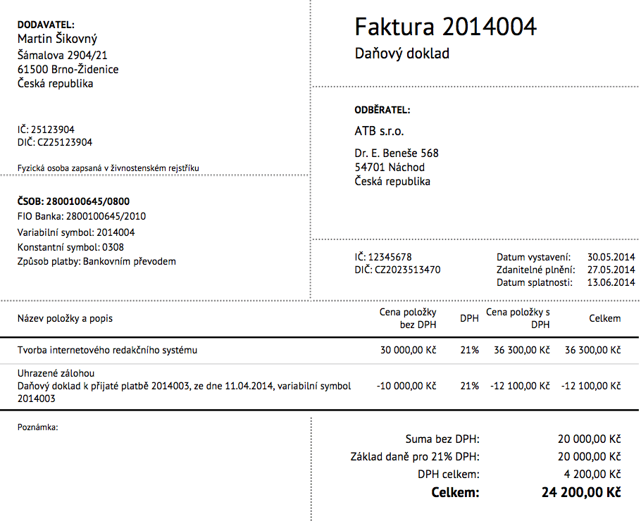 Vyúčtovací faktura v SuperFaktuře vzor vyúčtovací faktury v SuperFaktura.cz