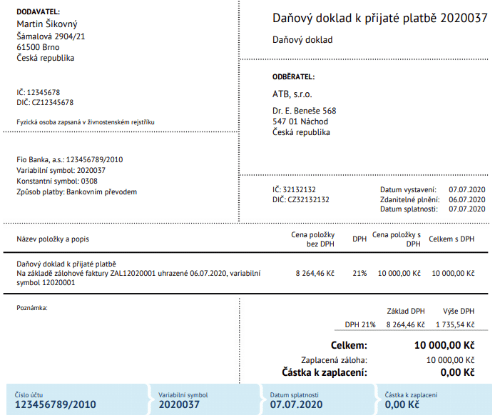 Daňový doklad k přijaté platbě na základě zálohové faktury