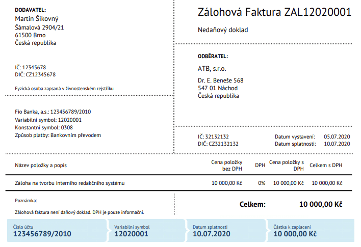 Zálohová faktura na tvorbu redakčního systému
