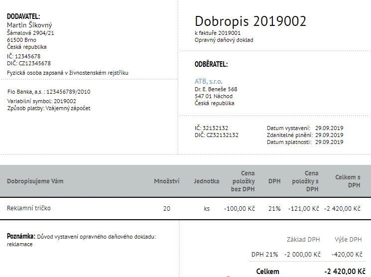 Dobropis reklamace 20 ks reklamni tricka