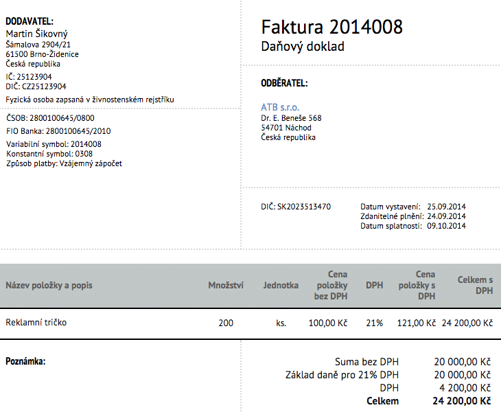 Faktura na 200ks triček Vydaná faktura klietovi ATB, s.r.o.
