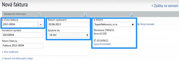 Výběr klienta, data splatnosti a data vystavení Nastavení čísla faktury, data splatnosti a vystaveni, vybrání klienta