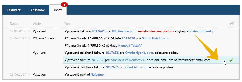 Označení zprávy v Inboxu v SuperFaktuře za vyřešenou