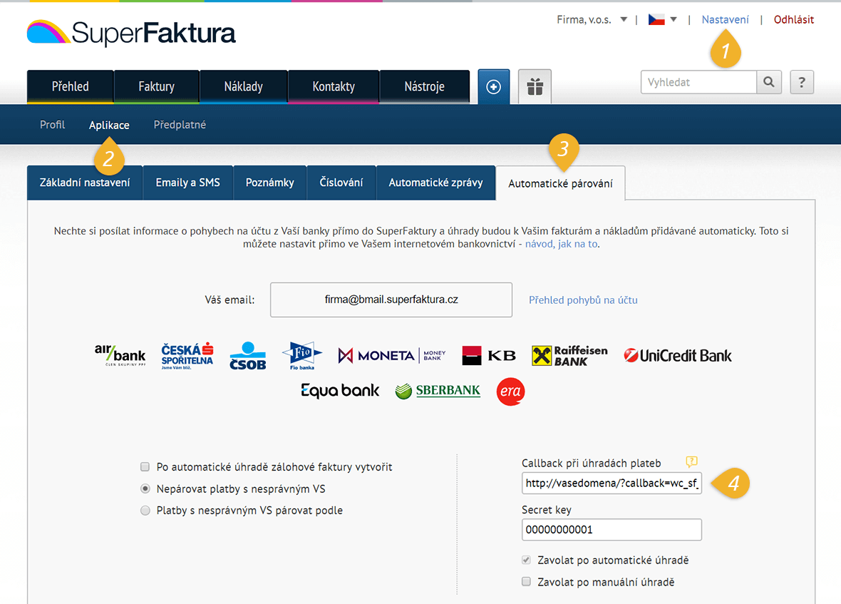 SuperFaktura nastaveni Automaticke parovani