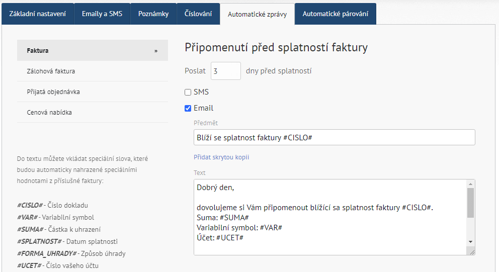 Ukázka nastavení emailového připomenutí před splatností